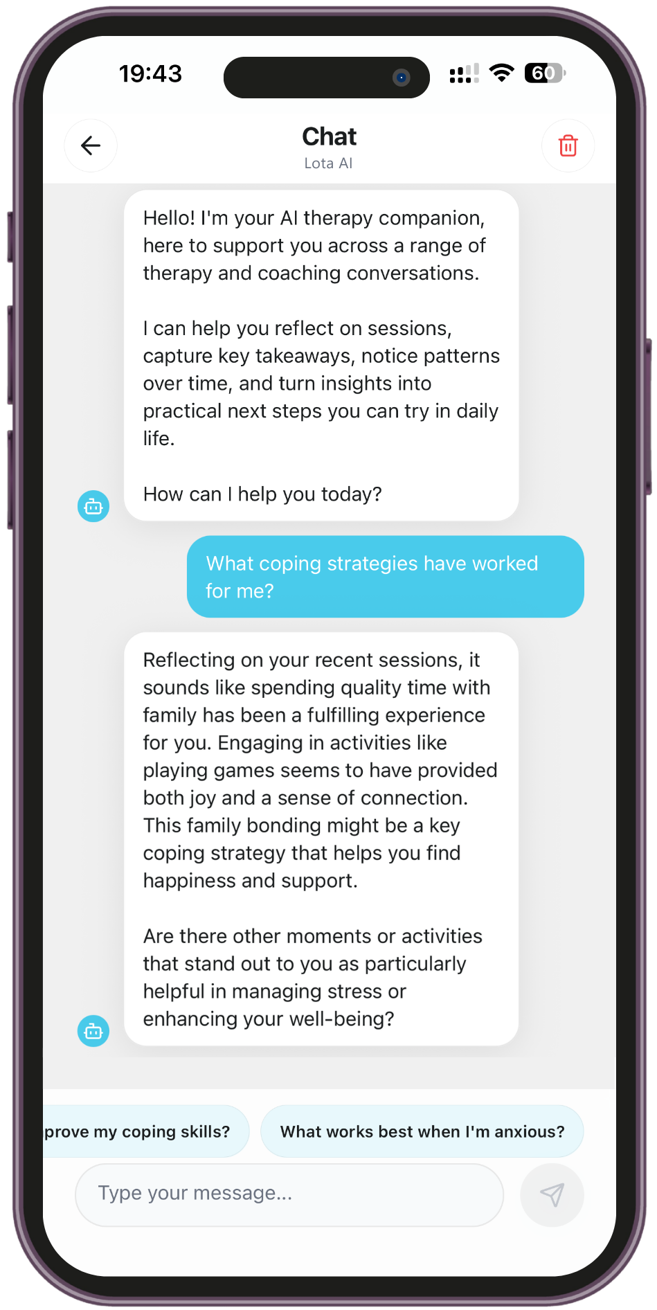 A chat in Lota answering a question about past sessions