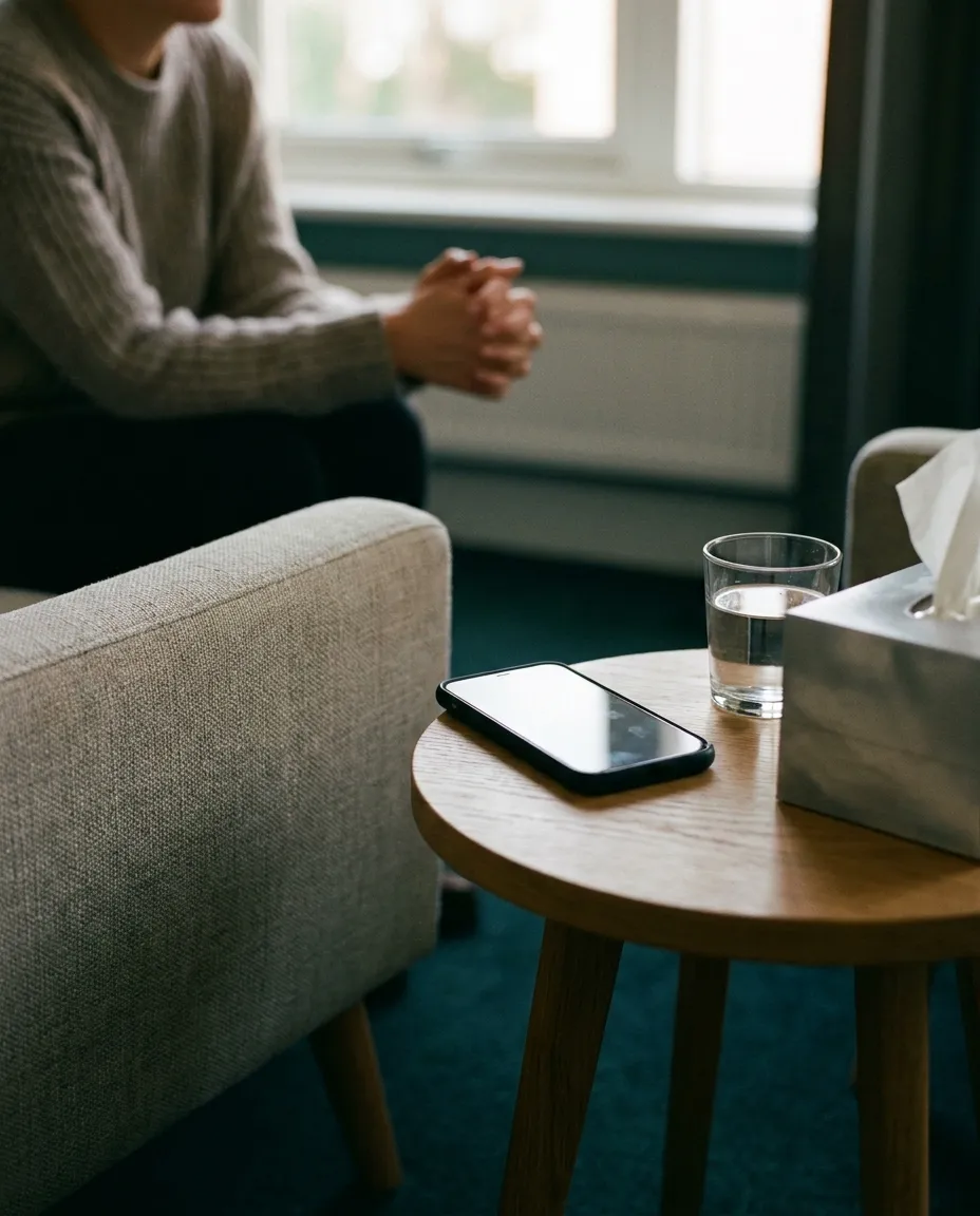 A phone resting on a side table beside an armchair in a calm therapy room