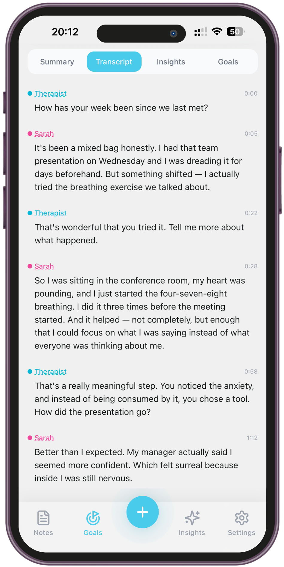 A speaker-labelled transcript of a therapy session
